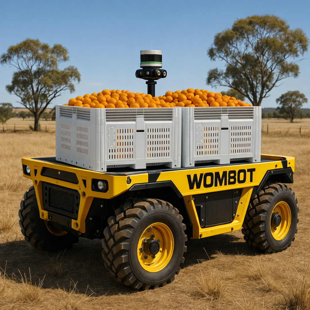 Wombot carrying produce bins in an orchard setting